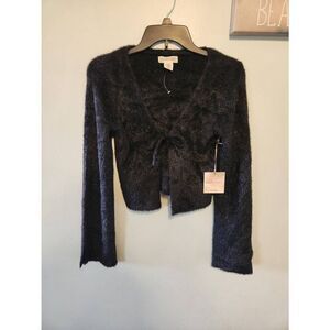 NWT Happily Grey Fuzzy Bell Sleeve Cropped Cardigan Sweater Black Size XS